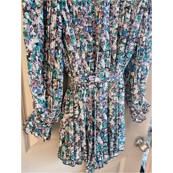 Ruffle Pleated Lined Floral Romper with Belt - Picture 8 of 12